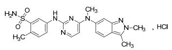 　　盐酸培唑帕尼对照品 　　英文：Pazopanib Hydrochoride 　　类别：化学对照品 　　结构式： 　　分子式： C21H23N7O2S·HCl 　　分子量： 473.98 　　CAS 号： 635702-64-6 　　用途：供 HPLC 法和 UV 法含量测定用 　　特性量值：盐酸培唑帕尼对照品以 C21H23N7O2S·HCl 计，供 HPLC 法测定，含量为 98.9%；供 UV 法测定，含量为 99.2%。 　　使用方法：使用前不需干燥处理 　　包装：棕色西林瓶 　　规格：30mg/支 　　贮藏：遮光,密闭,2-8℃保存。 　　声明：此对照品、标准品由中检计量：提供网站查询购买服务 　　注：点击cas，或者搜索：名称、编号、cas均可显示价格